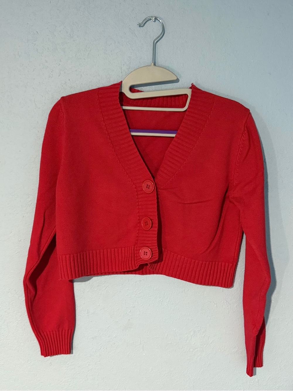 YesStyle Long-Sleeve Cropped V-Neck Button Cardigan - Red